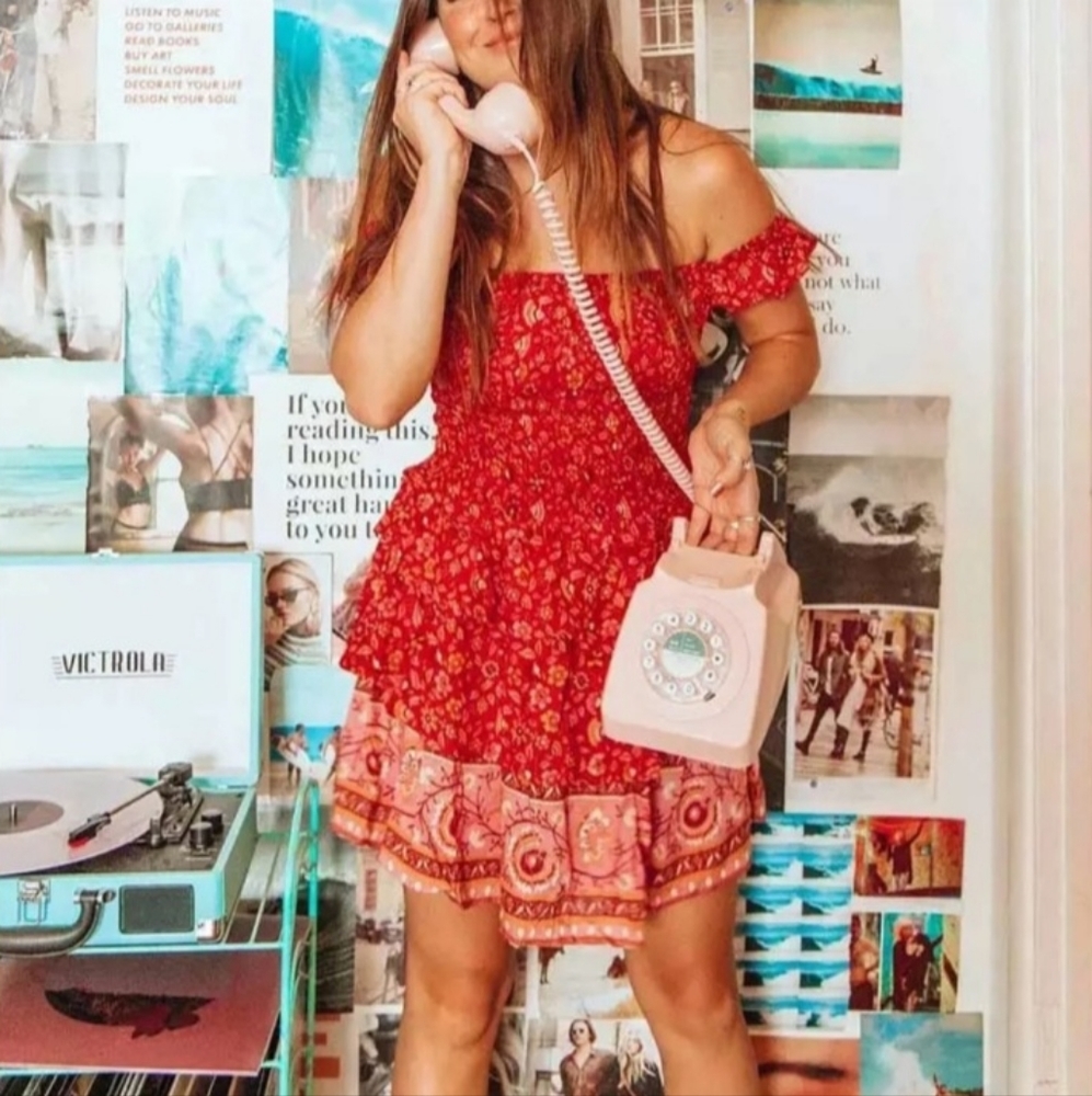 BOHO Gypsy Dreamer off the shoulder Floral printed Red Dress Sizre Large NWT